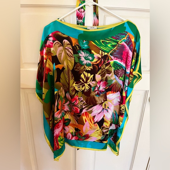 100% silk CACHE TOP KAFTAN PONCHO BLOUSE tropical floral design - Picture 1 of 10
